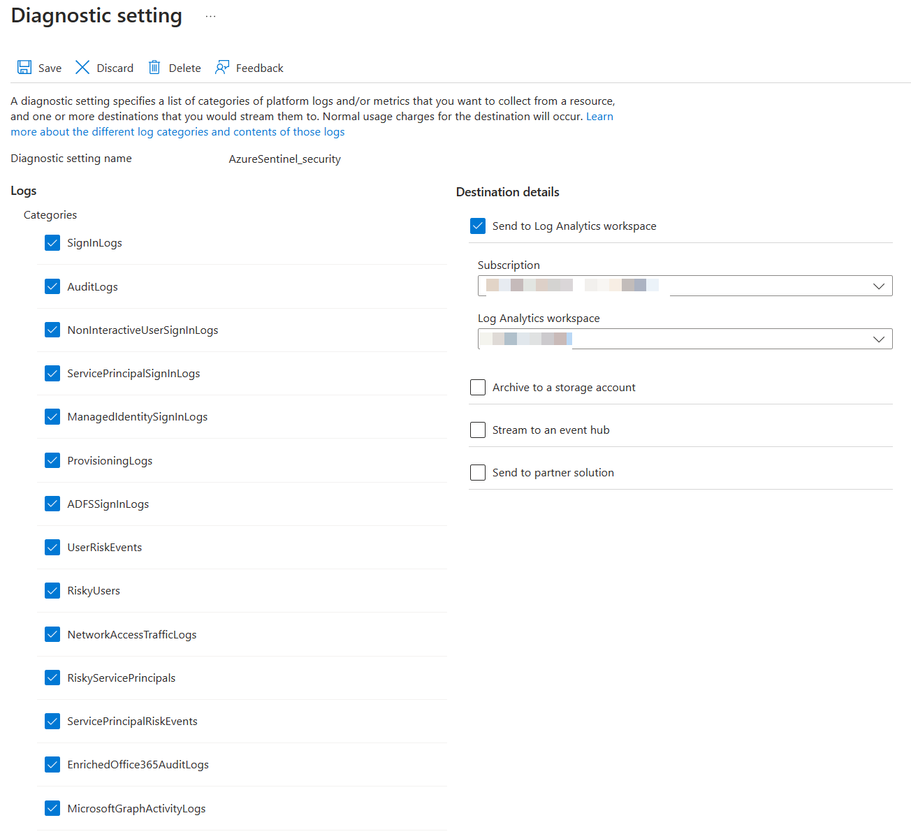 Interface of Azure diagnostic setting for log categories and destination details.