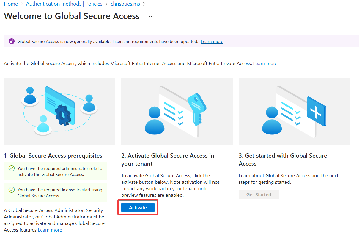 Web interface showing steps for activating Global Secure Access with icons, buttons, and links.
