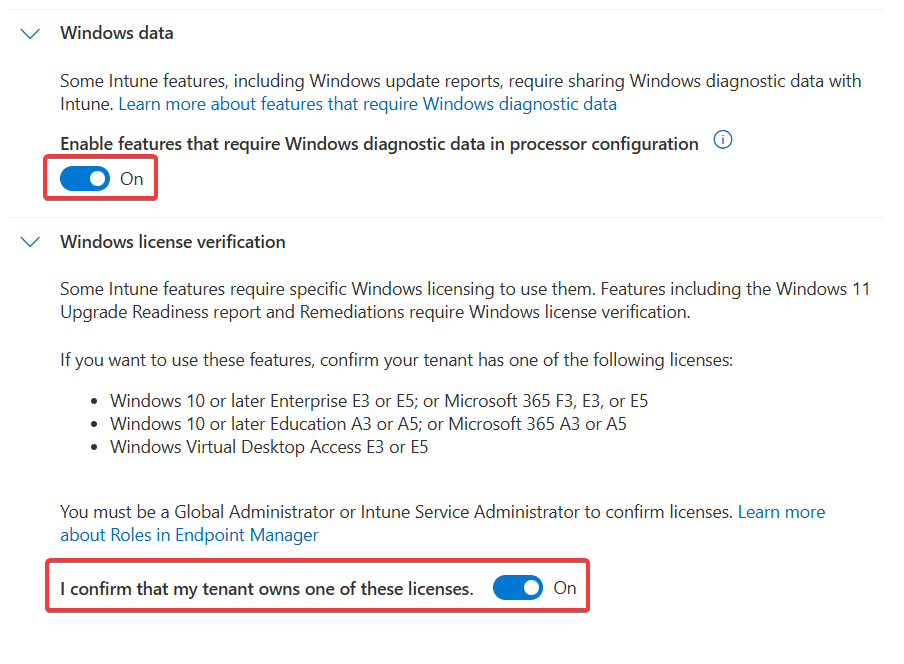UI settings for Windows data and license verification with toggles set to 'On'.